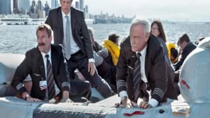 Cena dramática do filme Sully com pouso de emergência
